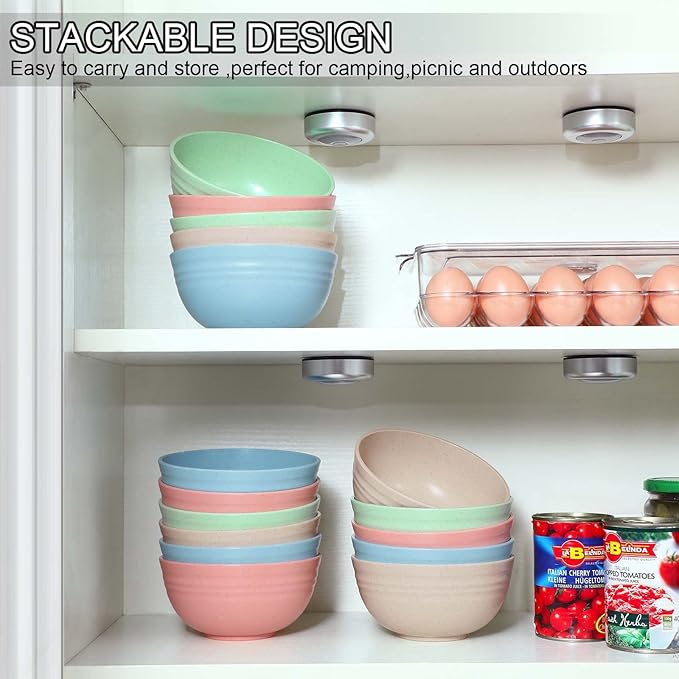 Eccliy 24 Pcs Wheat Straw Bowl Sets, Unbreakable Cereal Bowl 24 oz, Microwave and Dishwasher Safe Bowls for Cereal, Salad, Snack and Soup, Winter Style(Pink, Mint Green, Blue, Beige)