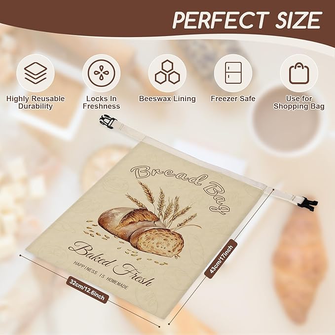 Beeswax Bread Bags for Sourdough, 2 Pack Reusable Bread Bag for Storage XL 17x13 Inch, Large Linen Bags for Homemade Sourdough - Keep Fresh, Freezer Safe