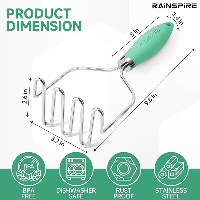 Rainspire Potato Masher Stainless Steel, Mashed Potato Masher Kitchen Tool, Durable Mash Potatoes Masher, Soft Non-slip Handle, Kitchen Utensils, Kitchen Gadgets (Mint Green)