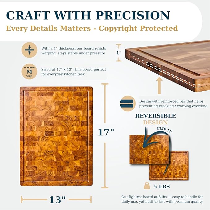 Bearchop Acacia Wood Cutting Board for Kitchen, Wooden Butcher Block with 4-Side Reinforced Bar for Anti Crack/Warp, [17"x13"x1"] Medium End Grain Cutting Boards with Gift Box, Juice Groove, Handle