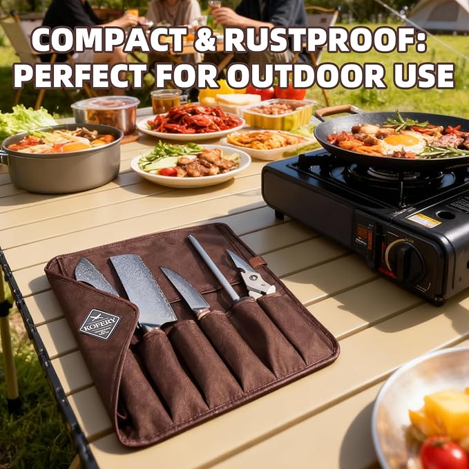 KOFERY Hand Forged Damascus Chef Knife Set with Roll Bag and Sharpener - Ideal for Culinary, Camping and BBQ(Natural-Wood Handle)