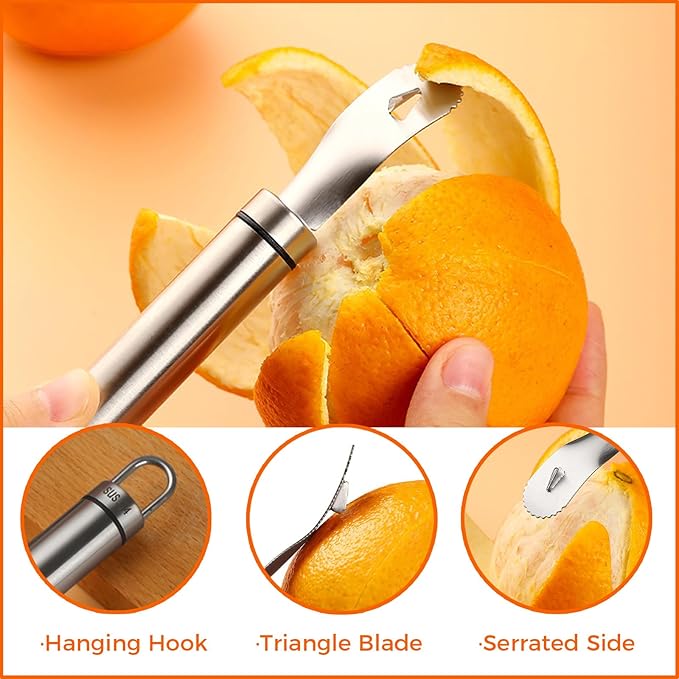 2Pcs Stainless Steel Orange Peeler Tool, Citrus Peeler with Triangular Blade & Serrated Edge, Long Handle Kitchen Gadget for Easy Quick Peeling, Durable Fruit Vegetable Cutting Tools (Orange & Citrus)