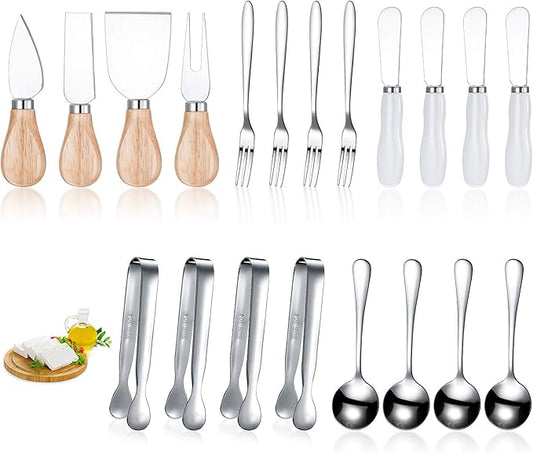 20 Pcs Charcuterie Board Accessories Cheese Butter Knife Set Charcuterie Utensils Butter Spreader Knife with Wooden Handles Mini Serving Tongs Spoon Appetizer Fork for Christmas Party(Chic Style)