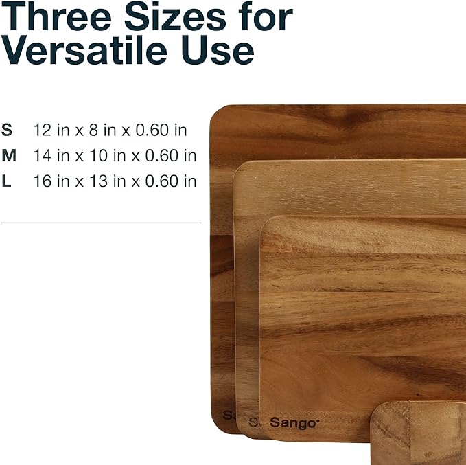 Sango Acacia Cutting Board Set with Juice Grooves and Stand, 3-Piece- Wood Chopping Boards, Stackable & Reversible for Kitchen, Non-Toxic, Perfect as Butcher Block Countertop, Atelier