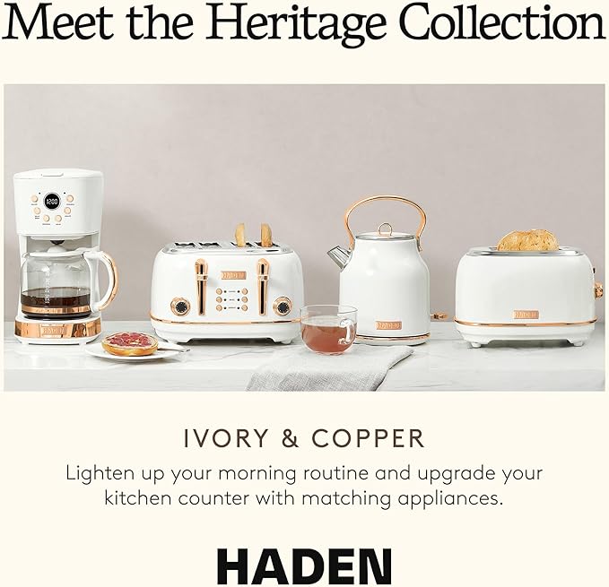 Haden Heritage 2-Slice Wide-Slot Toaster, Stainless-Steel Bread Toaster with Adjustable Browning Control, Crumb Tray & Non-Slip Feet, Ivory & Copper