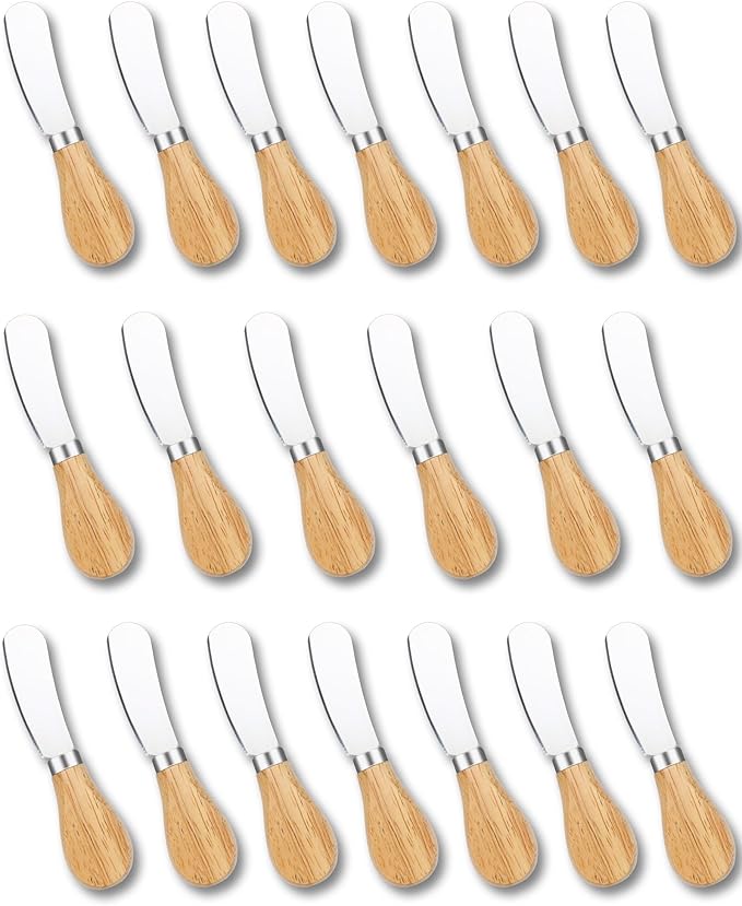 20 Pcs Cheese Spreader Knives, Mini Butter Spreader with Wooden Handle, Stainless Steel Cheese Knife Set for Charcuterie Board, Sandwich, Appetizers, Cocktail Spreading
