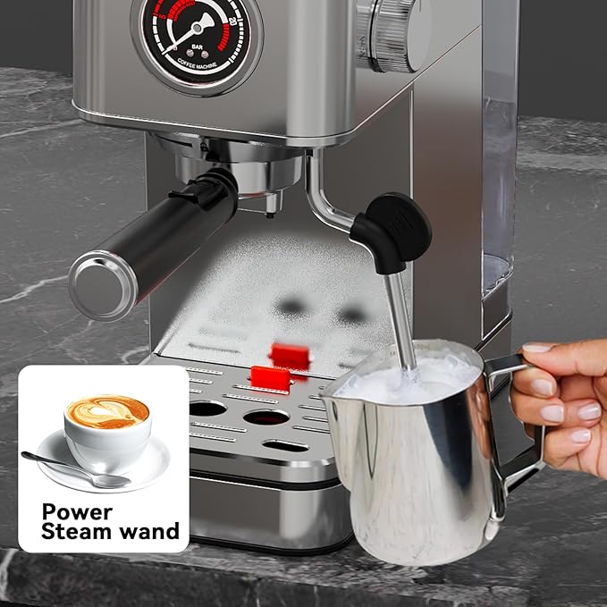 TINTALK EM623 Espresso Machine 20 Bar with Steam Milk Frother, Stainless Steel Coffee Machine with Removable Water Tank for Cappuccino,Latte, Compact Stainless Steel Coffee maker for home,Great Gift