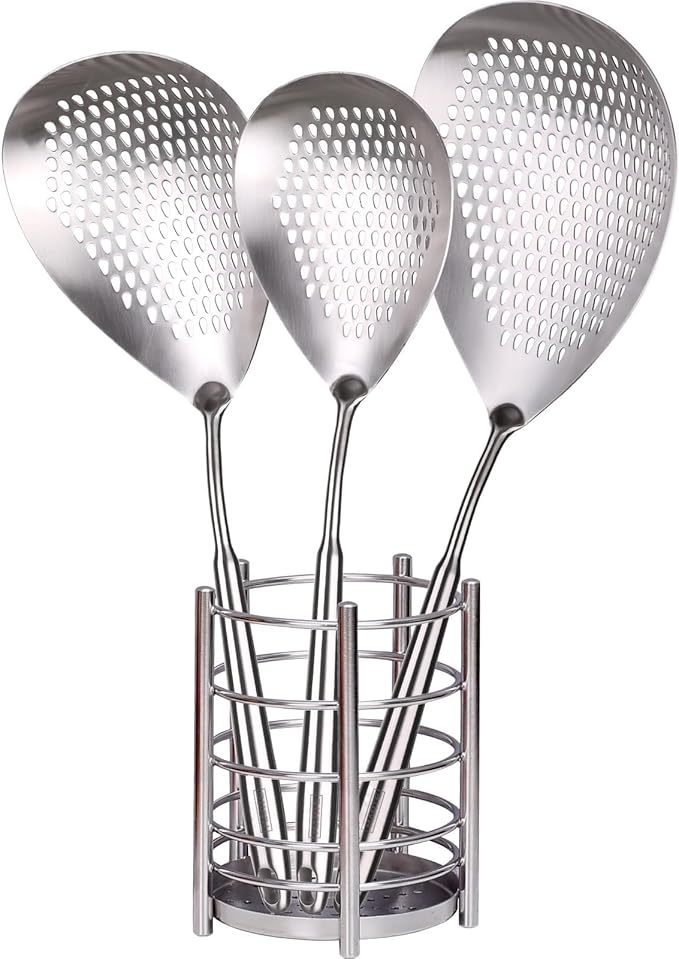 MARTE Skimmer Slotted Spoon Set of 4 - Kitchen Spaghetti Strainer Tool - Spider Strainer Skimmer Ladle Spoon with Holder for Cooking and Frying Food, Pasta, Vegetable, Dumpling - 14.8In,16.5In,17In