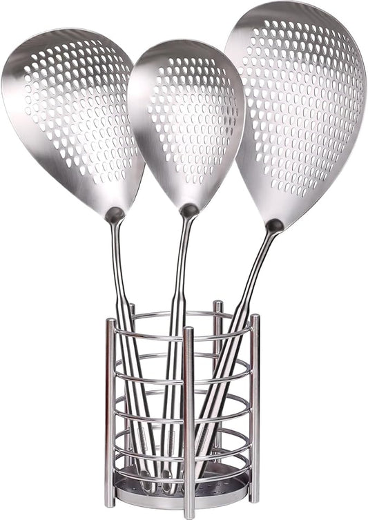 MARTE Skimmer Slotted Spoon Set of 4 - Kitchen Spaghetti Strainer Tool - Spider Strainer Skimmer Ladle Spoon with Holder for Cooking and Frying Food, Pasta, Vegetable, Dumpling - 14.8In,16.5In,17In