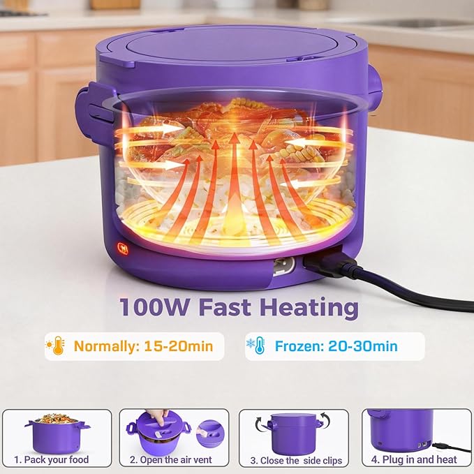 Electric Lunch Box, 33OZ Portable Food Warmer | 100W Rapid Heating & Leak-Proof 304 Stainless Steel | 3-in-1(Car 12V/24V & Home 110V) | Perfect for Work/Travel,On-the-Go,Ideal Gift for Men & Women