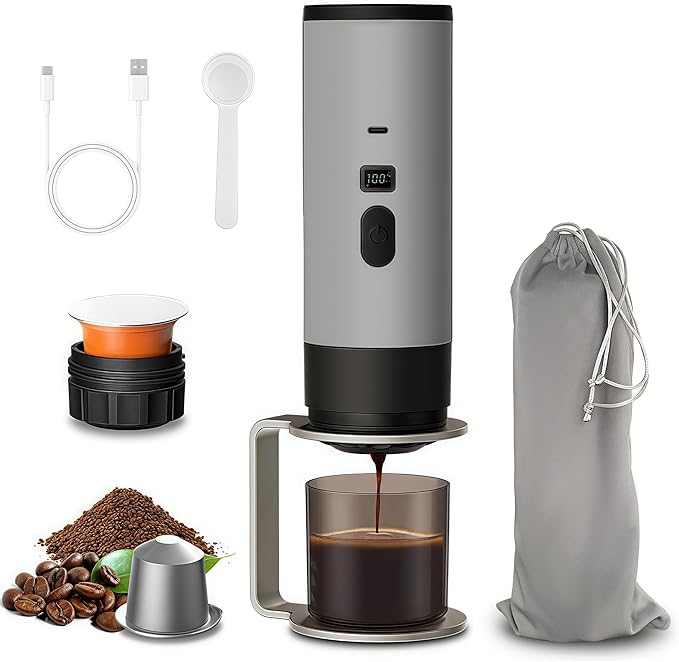 Portable Coffee Maker Espresso Machine for Travel Nano Car Coffee Maker Compatible with Ground Coffee & Capsule for RV, Hiking Camping Office, Travel Espresso Maker Electric Gray