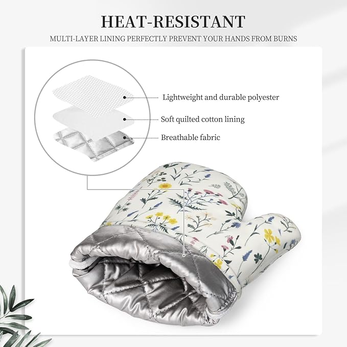 Meadow Wildflower Silicone Oven Mitts and Pot Holders Sets Boho Botanical Kitchen Mitts Floral and Herb Potholder Kitchen Accessories for Cooking Baking BBQ