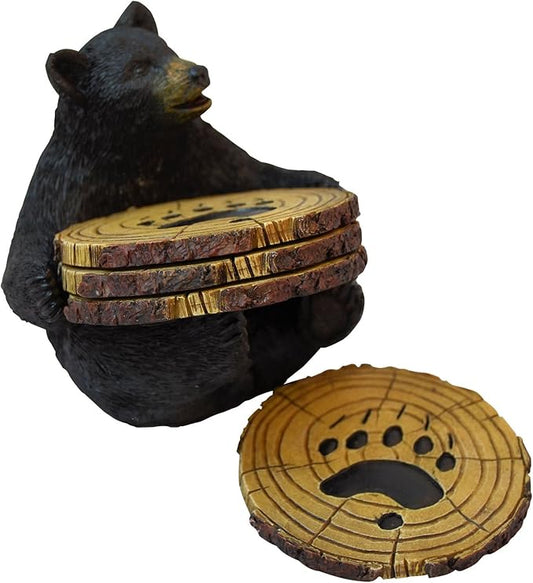 Black Bear Drink Coaster Set of 5 with Rubber Pad Base - Cool Rustic Home Table Beer and Beverage Coaster with Holder