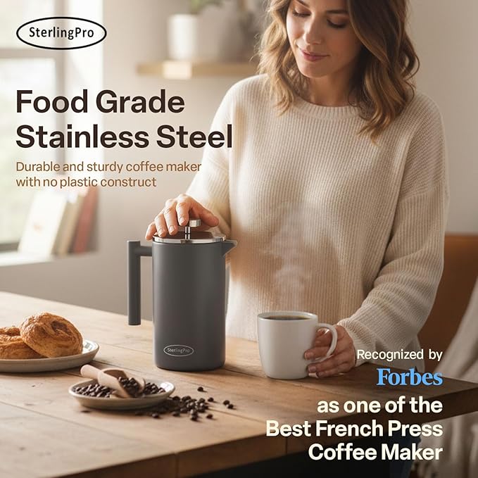 SterlingPro Extra Large French Press Coffee Maker 59 oz (1.75L), Large Capacity Stainless Steel Big French Press XL, Thermal Insulated Largest Coffee Maker with Double Walled Insulation, Gray