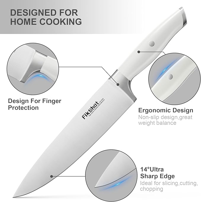 Knife Set with Sharpener, Fikshot 14-Piece Knife Set with Block, Elegant White Kitchen Knives for Ladies, Stainless Steel, Dishwasher Safe (WHITE)