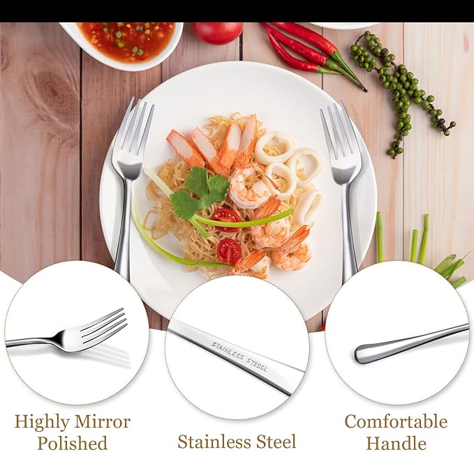 16 Pcs Dinner Forks Set, Stainless Steel Silverware, 8 Inch Salad & Table Forks, Mirror Polished, Dishwasher Safe