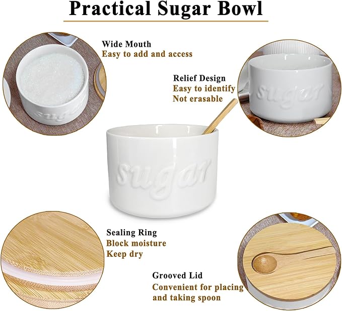 Sugar Bowl with Lid and Spoon, 16 OZ Airtight Sugar Container for Coffee Bar, Farmhouse Ceramic Jar, Sugar Holder Coffee Bar Accessories for Countertop, White