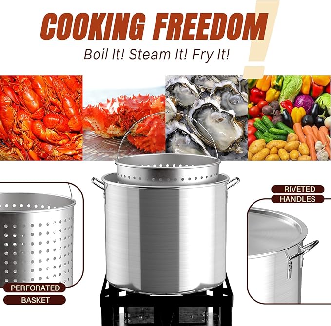 Hidpriva 80QT Crawfish Boiler Kit, Waterproof Cover & 18-inch Skimmer, 110,000BTU Propane Burner Stove, 0-20PSIG Regulator, Aluminum Seafood Boil Pot, Crab Boil Pot with Basket