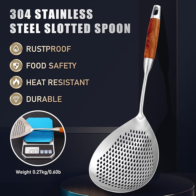 Large Slotted Spoon with Long Wooden Handle - Lyveit 16 Inch Deep Frying Scoop with Hanging Holes, 304 Stainless Steel Fryer Skimmer Spoons for Kitchen Cooking Frying Draining