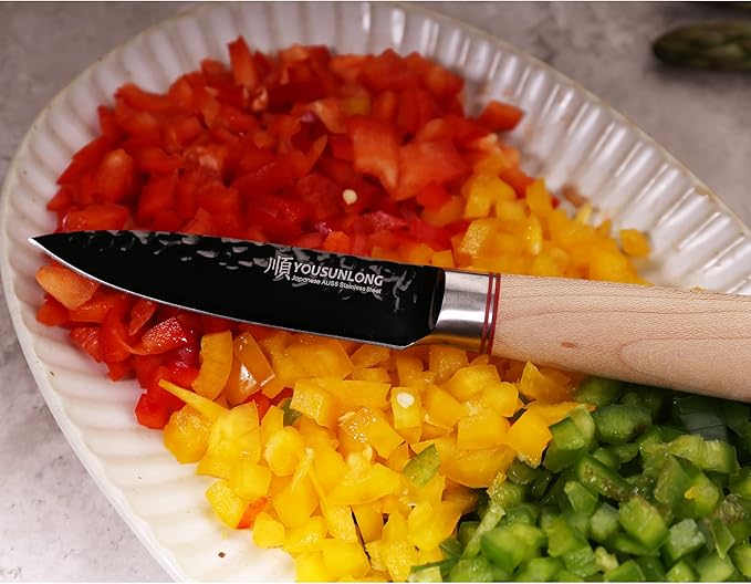 YOUSUNLONG Paring Knife - 3.5" Peeling Knife Razor Sharp - Japanese HRC Steel AUS8 Black Titanium Coating - Natural Canadian Maple Wood Handle