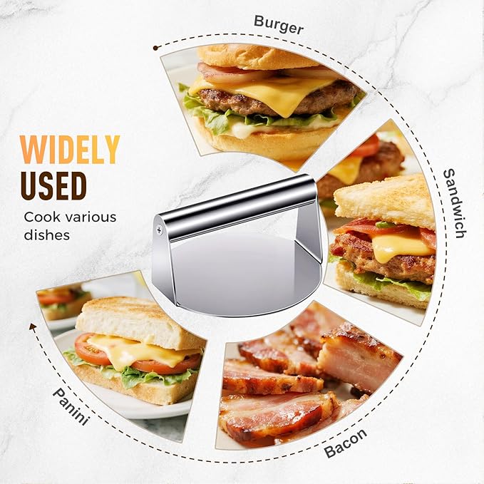 5.5 Inch Stainless Steel Burger Press, 2025 Upgraded Non-Stick Hamburger Smasher Tool & Grill Press, Barbecue Grilling Accessories for Grill, Griddle, Bacon & Sandwich, Dishwasher Safe (Round)