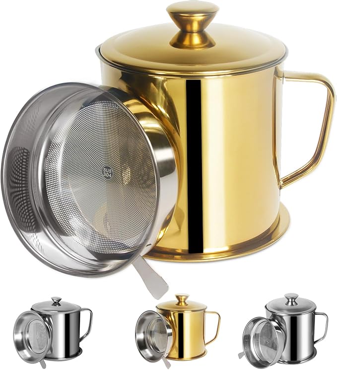 Tellshun Bacon Grease Container with Strainer 1.8 L / 60 oz Kitchen Catcher Food-grade Stainless Steel Cooking Oil Keeper with Lid and Easy-Grip Handle Suitable for Storing Frying Oil