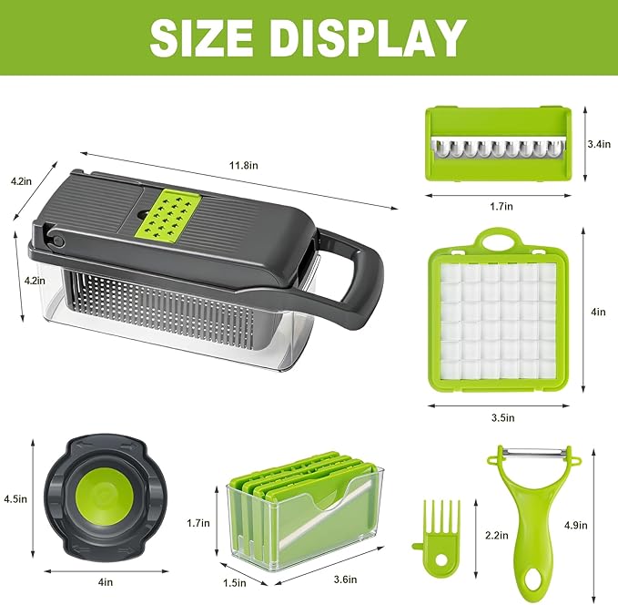 15-in-1 Vegetable Chopper, Kitchen Gadgets with 8 Blades, Food,Veggie, Onion Chopper, Cucumber Slicer, Versatile Mandoline, Includes Egg Separator & Vegetable Peeler, Gray