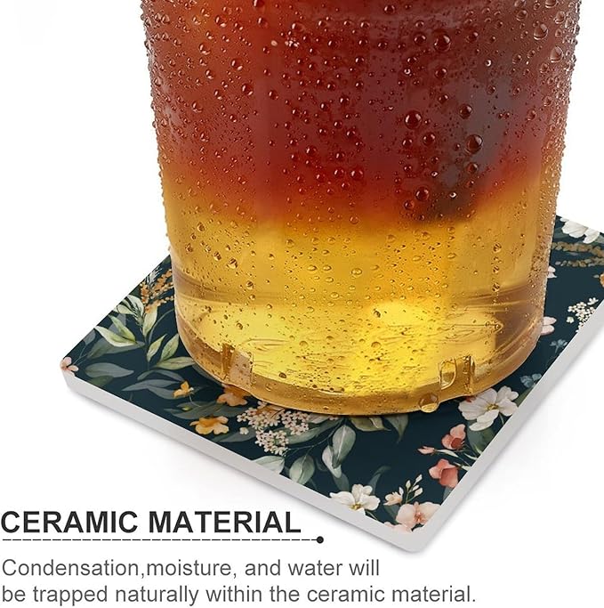 Square-6PCS Floral Drink Coasters, Square Modern Ceramic Absorbent Coasters, Watercolour Leaf Flower Herb Nature Plant Floral Decor Desk Coffee Table Coaster for Beverage Cup Tea Coasters