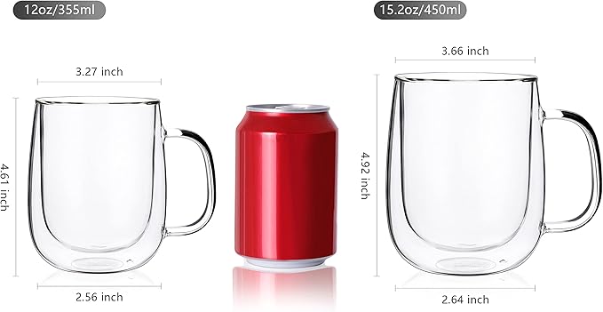CNGLASS Glass Coffee Mugs 12oz,Double Wall Insulated Mug Set with Handle,Clear Glass Espresso Mugs for Latte,Cappuccino,Tea Bag,Hot and Cold Beverages,Set of 2