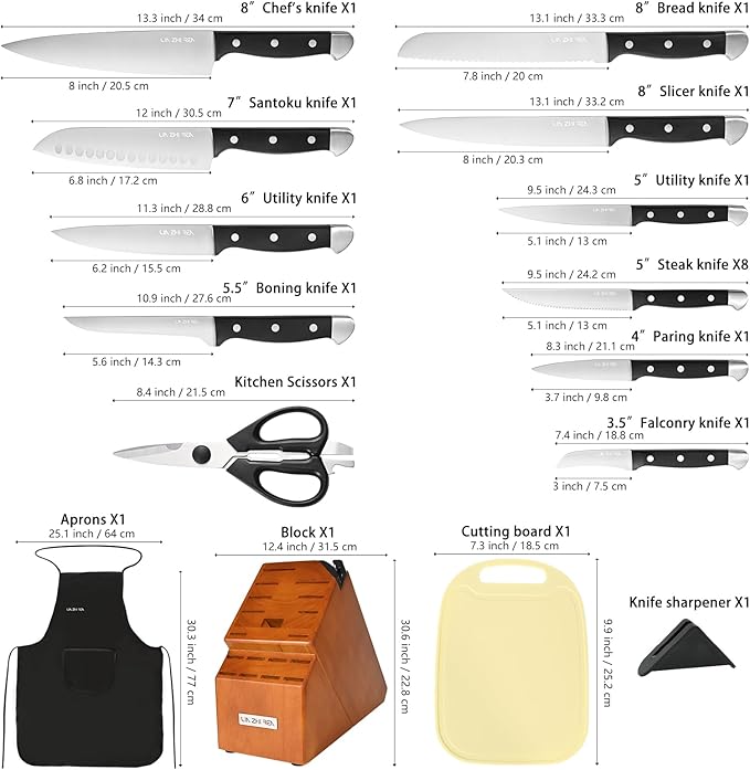 Knife Sets for Kitchen with Block, 22 Pieces Kitchen Knives with Built-in Sharpener with Cutting Board and Apron, Non-Slip Handles, Dishwasher Safe