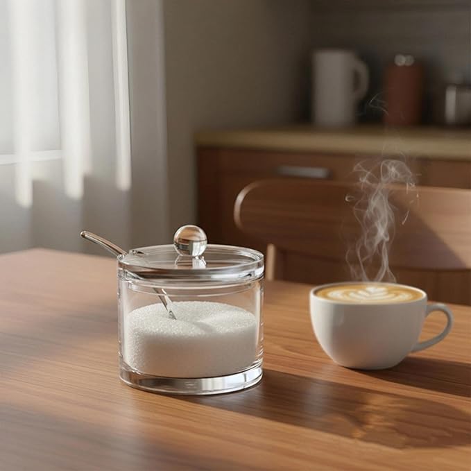 Sugar Bowl with Lid & Spoon, 8 Oz Acrylic Container Dishwasher Safe & Airtight, Perfect for Coffee, Tea, Cereal, and Kitchen Countertop Storage - Clear Canister Jar Dispenser