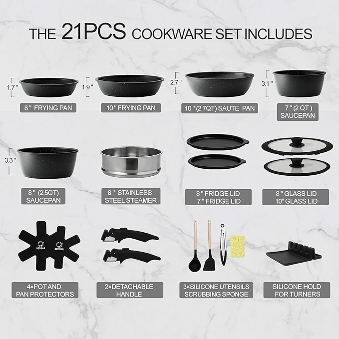 21PCS ceramic cookware set,Nonstick ceramic pan, Removable Handle pots and pans set, Stackable Pan Set, Nonstick Pots and Pans Set Non Stick(Black)