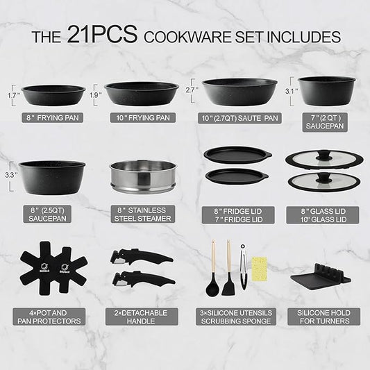 21PCS ceramic cookware set,Nonstick ceramic pan, Removable Handle pots and pans set, Stackable Pan Set, Nonstick Pots and Pans Set Non Stick(Black)