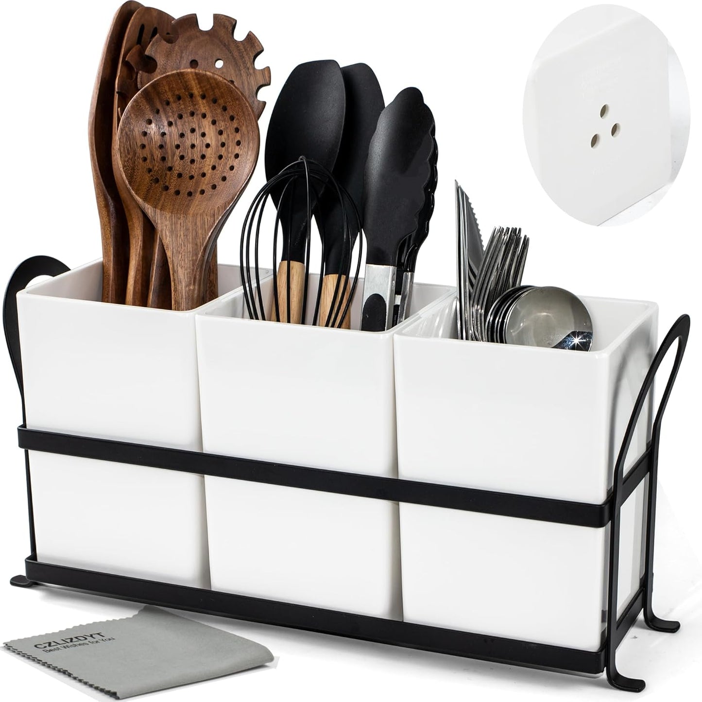 Large Kitchen Utensil Holder, Drainage Utensil Caddy for Countertop, 3pcs Bins Set Cooking Utensil Organizer for Spoons, Spatulas, White