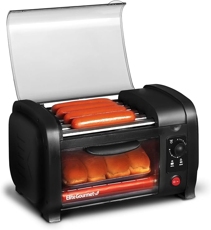 Elite Gourmet EHD-051BX Hot Dog Toaster Oven, 30-Min Timer, Stainless Steel Heat Rollers Bake & Crumb Tray, World Series Baseball, 4 Bun Capacity, Black