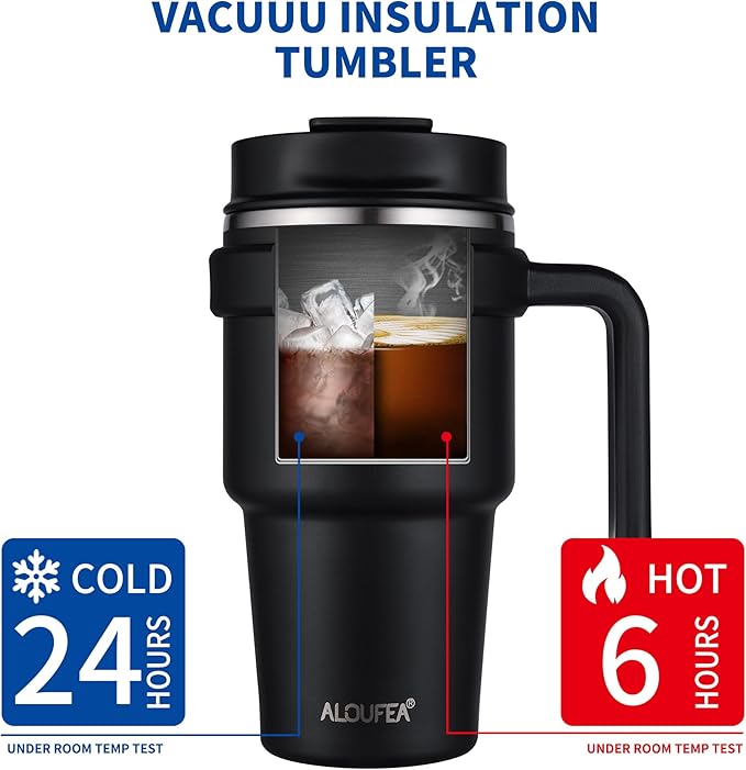 ALOUFEA 20 oz Insulated Coffee Mug Tumbler with Handle, Stainless Steel Travel Mug Tumbler with Lid and Straw,Double Wall Vacuum Leak Proof Ice Coffee Thermal Cup, Black