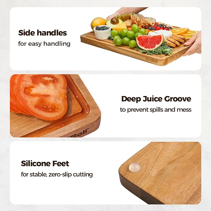 RosiRoli Acacia Wood Cutting Board for Kitchen, Set of 3 - Durable 1" Thick Chopping Boards with Juice Grooves & Handles for Prep & Serving, Impressive Gift for Housewarming, Christmas, and Home Chefs