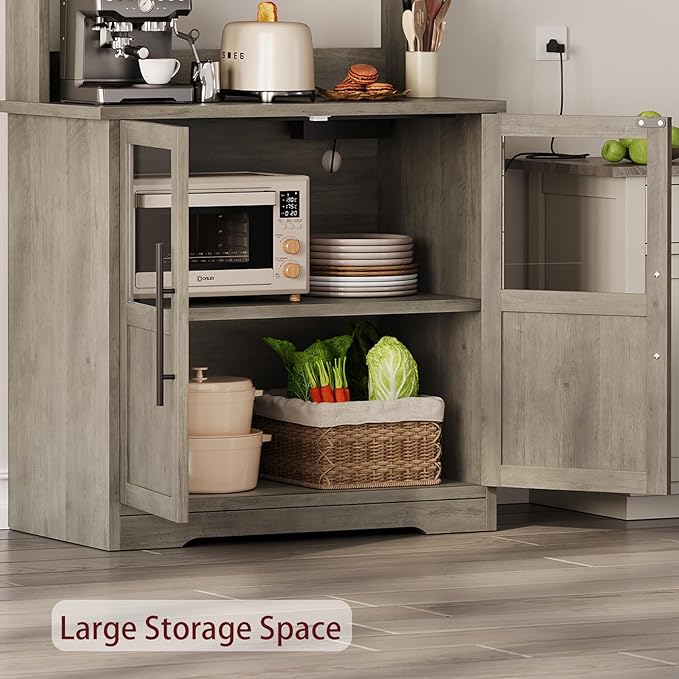 IDEALHOUSE Bakers Rack With Storage Cabinet, Microwave Stand With Power Outlets, Farmhouse Bakers Rack With Thick Table Top, Small Kitchen Pantry for Kitchen,Dining Room,Retro Gray
