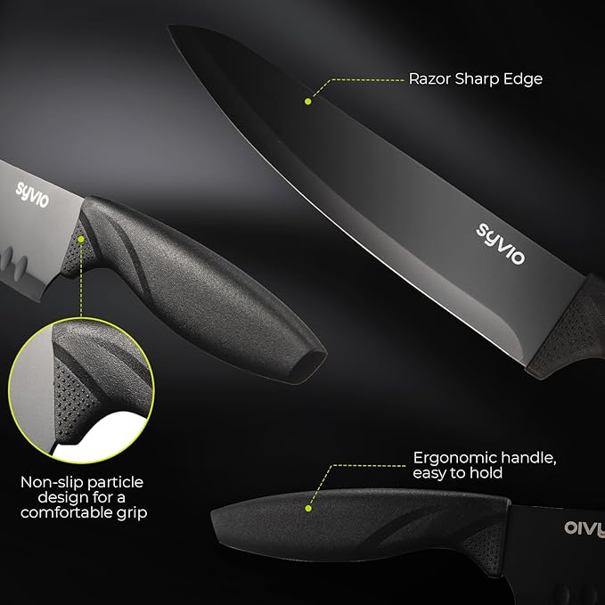 syvio Knife Set, 21pcs Utility Knife Sets for Kitchen with Block and Sharpener, Razor-Sharp, Effortless Sharpening, Premium Kitchen Knives with 6 pcs Kitchen Utensils Set and Utensil Holder, Black