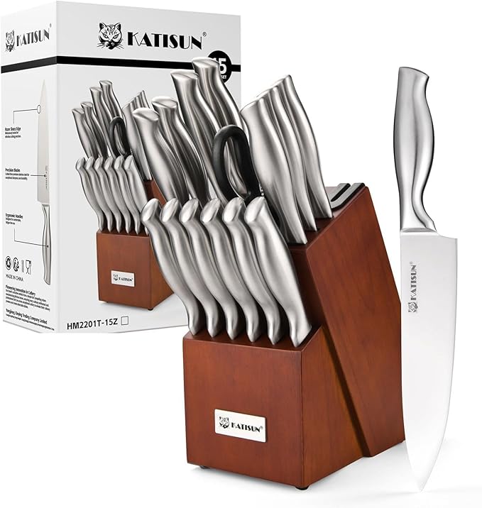 Knife Set, 15-Piece Kitchen Knife Block Sets with Built-in Sharpener, German Stainless Steel Knife Block Set, Dishwasher Safe and Ergonomic