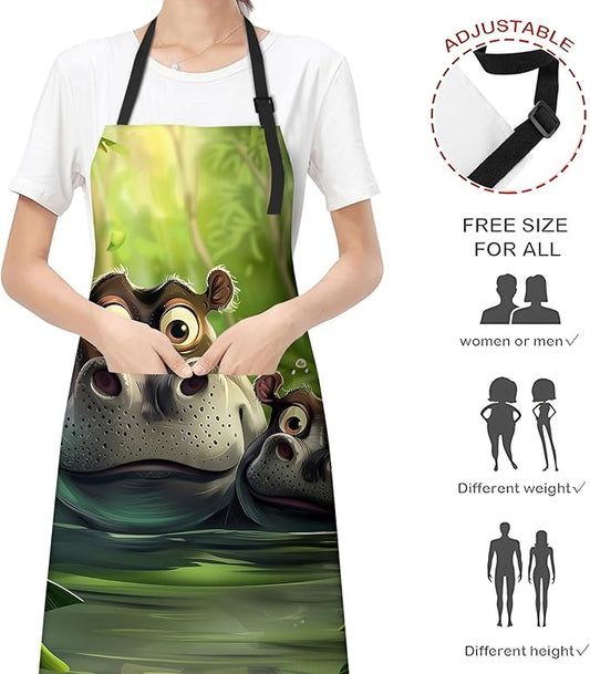 Playful Hippo Apron for Women Men, Cooking BBQ Chef Polyester Lightweight Cute Cartoon Hippo Aprons with Pockets for Baking Kitchen Gardening Cleaning, Adjustable Neck Strap, 28×33inch