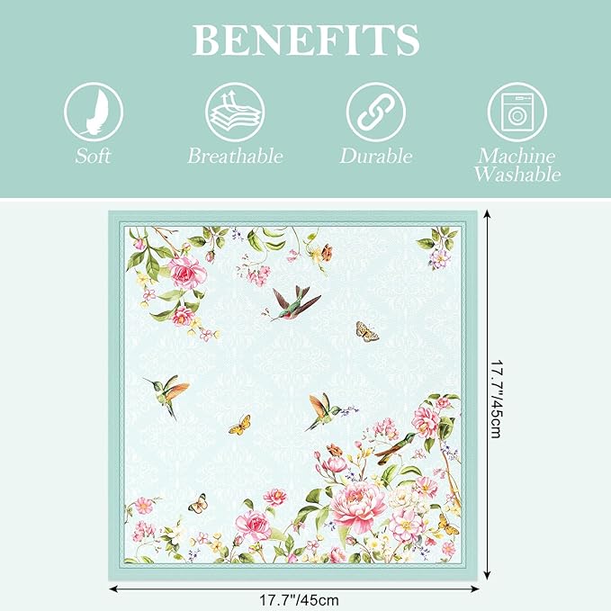 Bird Flower Napkins, 18×18 Inch French Country Dinner Cloth Napkins Set of 4, Washable Cotton Soft Absorbent Square Napkins for Dining Kitchen Party Wedding Decoration