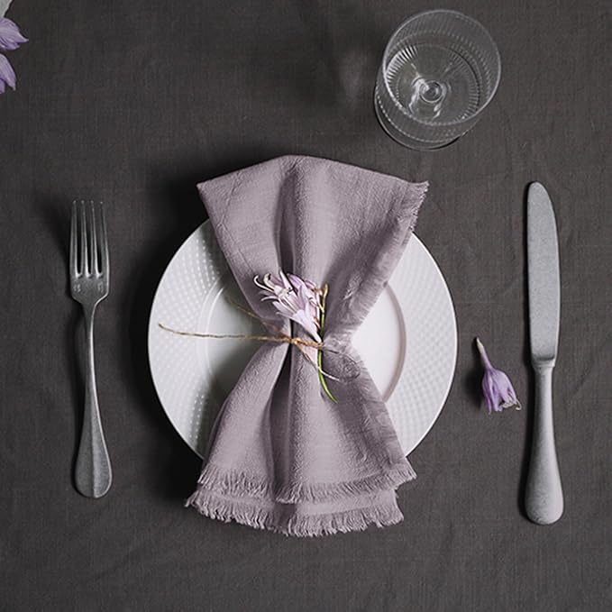 Handmade Cloth Napkins 100% Cotton Napkins with Fringe，Delicate Handmade Cloth Napkins for Dinners, Parties, Weddings and More，18 x 18 Inch Set of 6 - Lavender