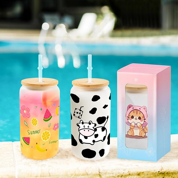 Joyclub 12 Pack Sublimation Blanks Bulk Frosted Glass Cups with Lids and Straws 16oz, Sublimation Glass Tumbler Blanks Beer Can Shaped Mugs for Iced Coffee Smoothie Soda Boba Tea Cocktail DIY Gift