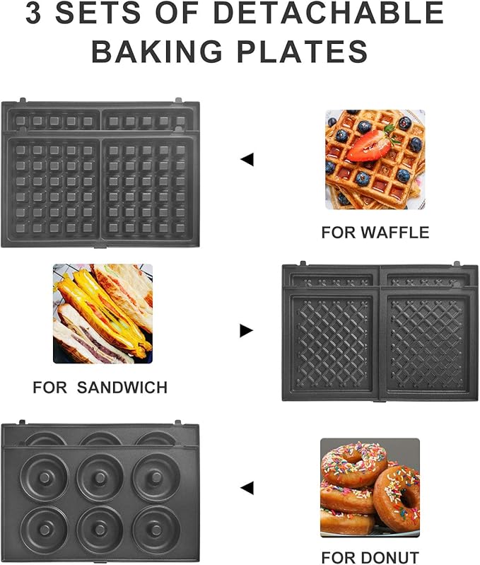 Multi Baker, with 3 sets of interchangeable plates for making Belgian Waffle, Gourmet Sandwich, Doughnuts and More Snacks