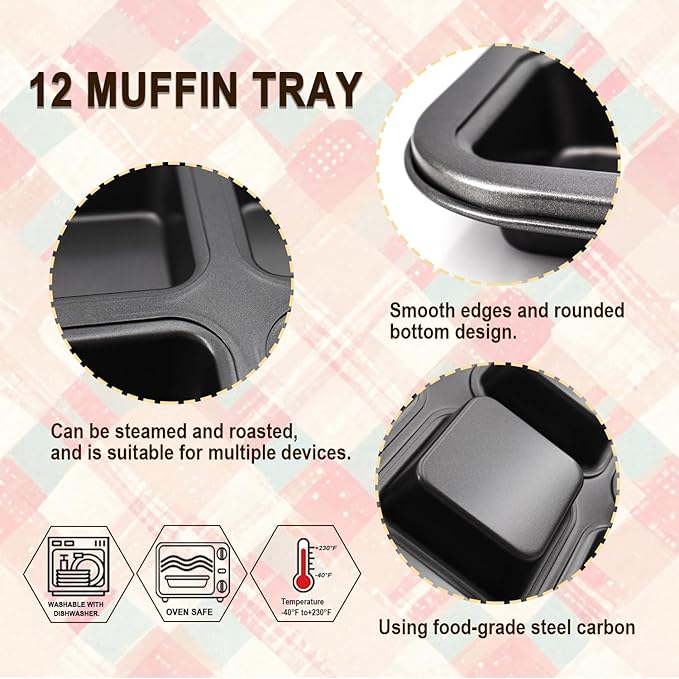 DRAONGYE 2 Packs Square Muffin Baking Pan, Premium Steel Muffin Pan for Baking, Nonstick Cupcake Tin Cheesecake Pans, Bakeware Muffin Top Pan (12 Cups, Black Grey)