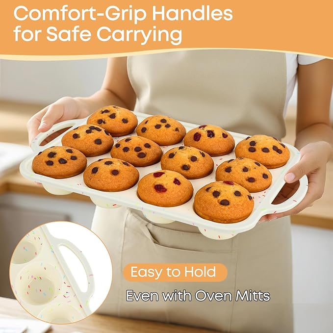 Spmarkt 2-Pack 12-Cup Silicone Cupcake Pan, Nonstick Flexible Muffin Pan, Dishwasher Safe Muffin Tray with Handles, Seamless Silicone Muffin Tin for Baking Egg Bites & Cupcakes