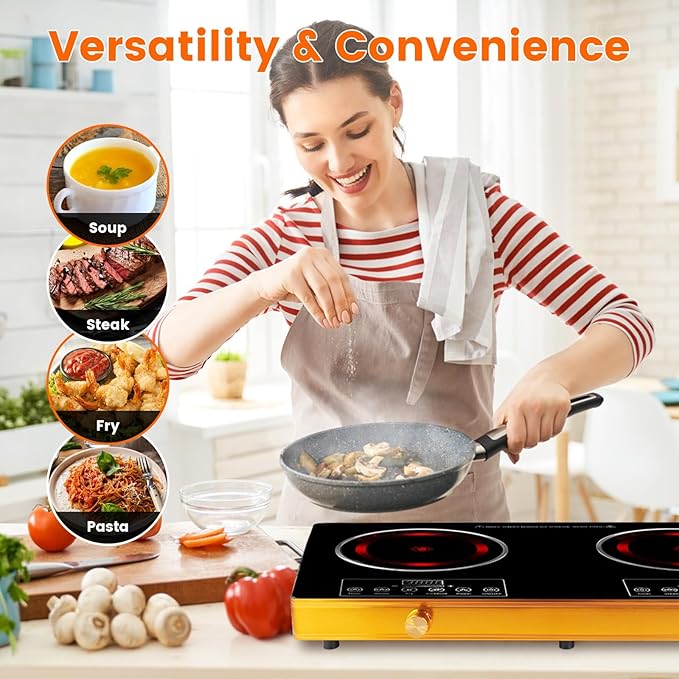 7000W Double Ceramic Electric Hot Plate Countertop Stove Double Burner Infrared Cooktop with 11 Power Levels 0-4H Timer Portable Handle LED Display for Kitchen Camping (Black)