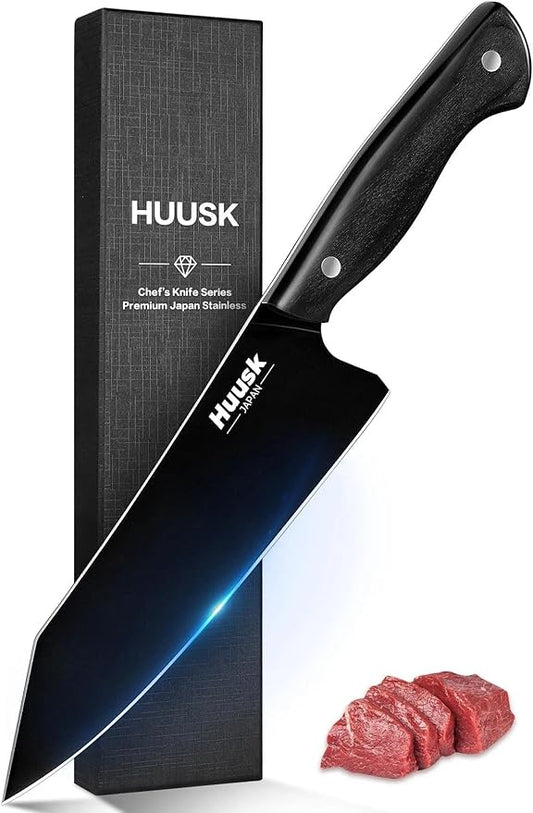 Huusk Japanese Chef Knife for Kitchen - 7" Kirisuke Knife with Black Titanium Coating, Stainless Kitchen Cooking Knifes for Vegetable & Meat Cutting, Ultra Sharp Sushi Knives, Men's Christmas Gifts