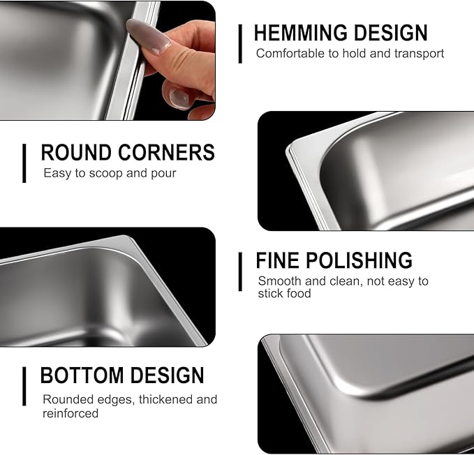 West Bay 6 Pack 1/9 Size Hotel Pan with Lids, 4'' Deep Steam Table Pan with Lid, 5.3'L x 2.7''W Stainless Steel Pans for Home, Party, Hotel, Buffet